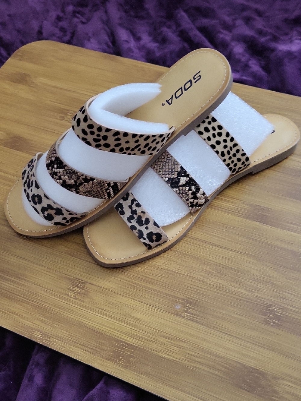 Soda Leopard & Snake Print Triple Strap Slide Sandals in Tan